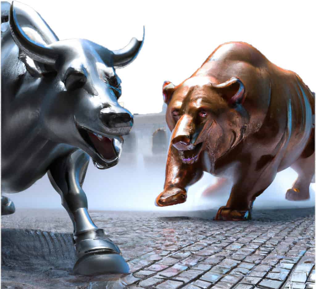 3D-Render eines Bullen und eines Bären stürmen die Börse an der Wall Street